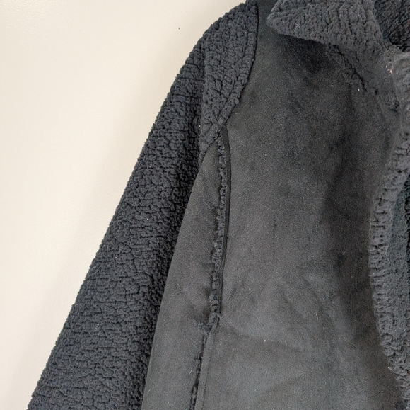 Faux Suede Sherpa Jacket Coat Black Open Front Cozy Everyday Outerwear - Picture 2 of 9